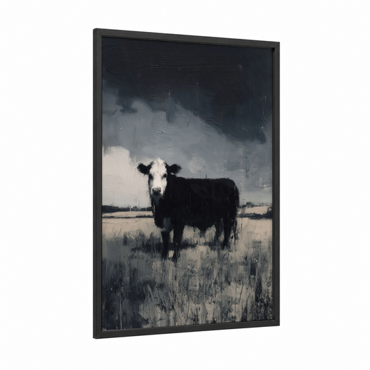 Stoic Hereford framed hereford cow print — black wood frame — black and white and gray palette