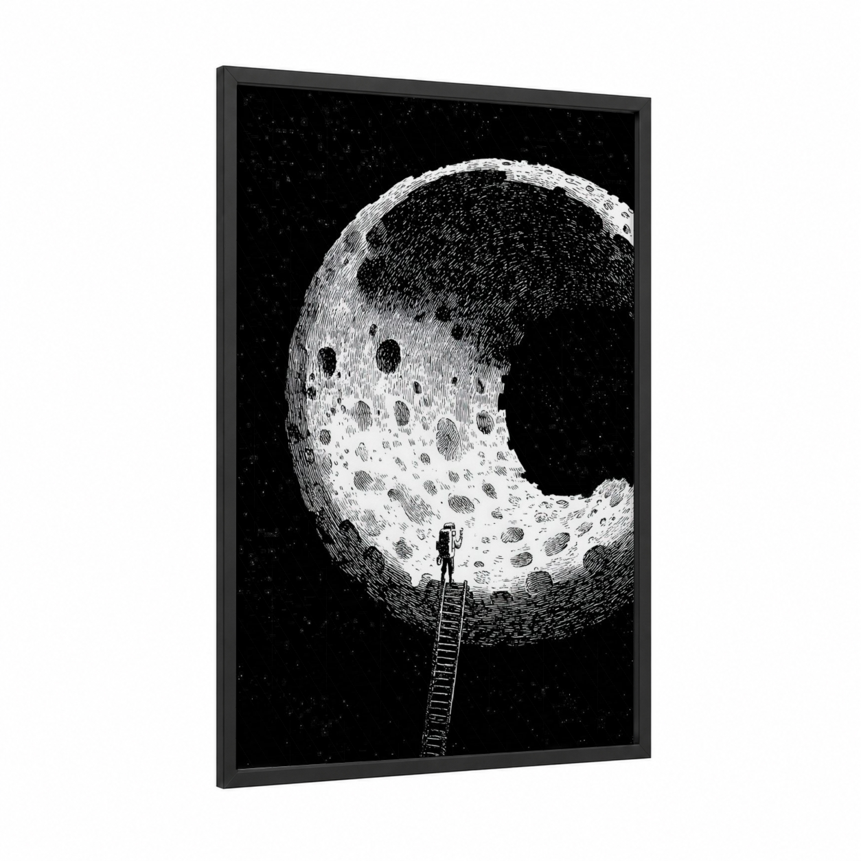 Lunar Ascent framed moon print — black wood frame — black and white palette