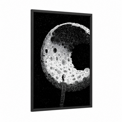 Lunar Ascent framed moon print — black wood frame — black and white palette