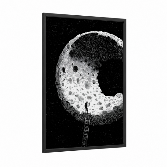 Lunar Ascent framed moon print — black wood frame — black and white palette