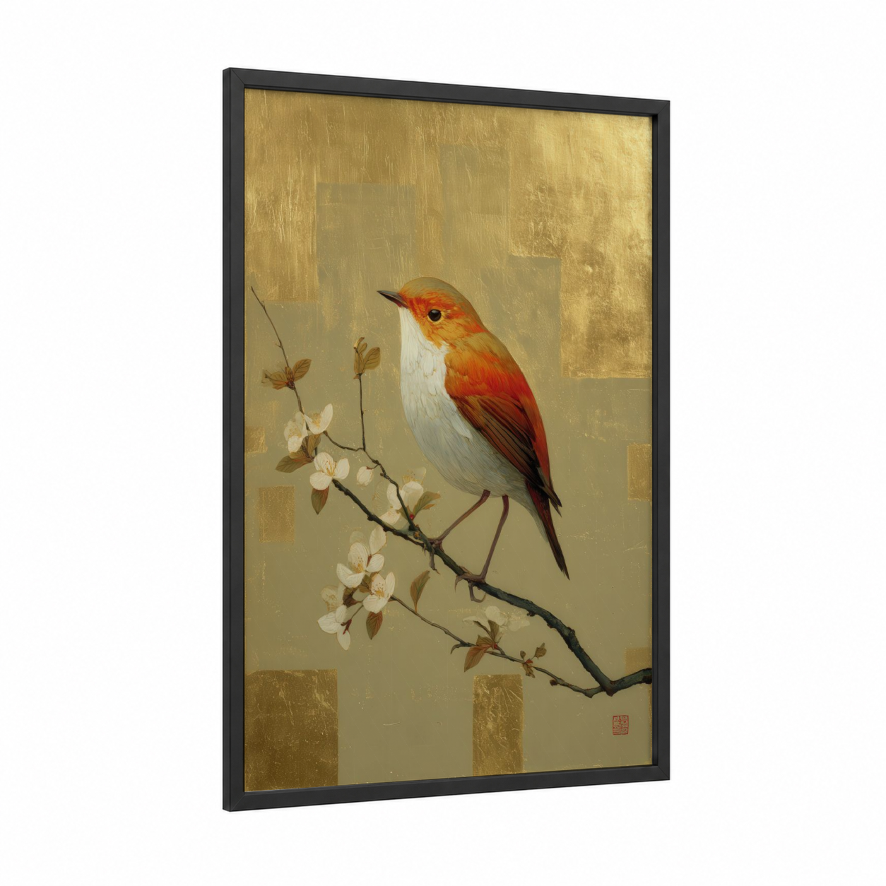 Spring Songbird framed art print — black wood frame — gold and white palette