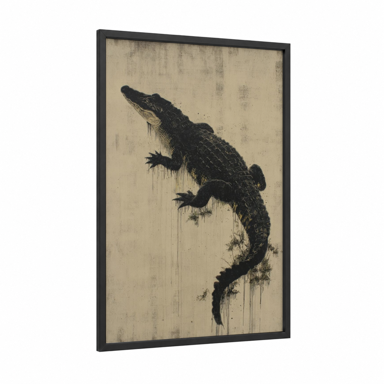 Dripping Alligator framed art print — black wood frame — black and beige palette