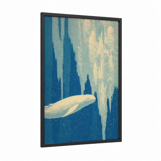 Arctic Beluga framed beluga whale print — black wood frame — blue and gold and cream palette