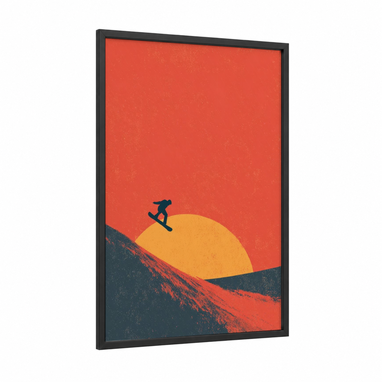 Sunset Snowboarder framed snowboarding print — black wood frame — red and gold palette