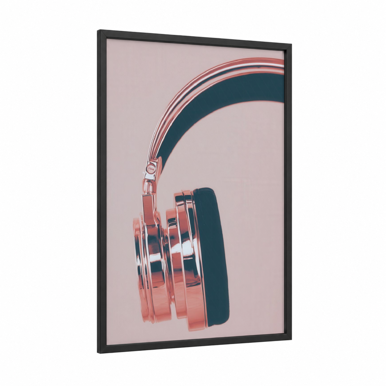 Coral Tech Headphones framed art print — black wood frame — salmon pink and dark blue palette