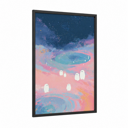 Cosmic Visitors framed extraterrestrial print — black wood frame — blue and pink palette
