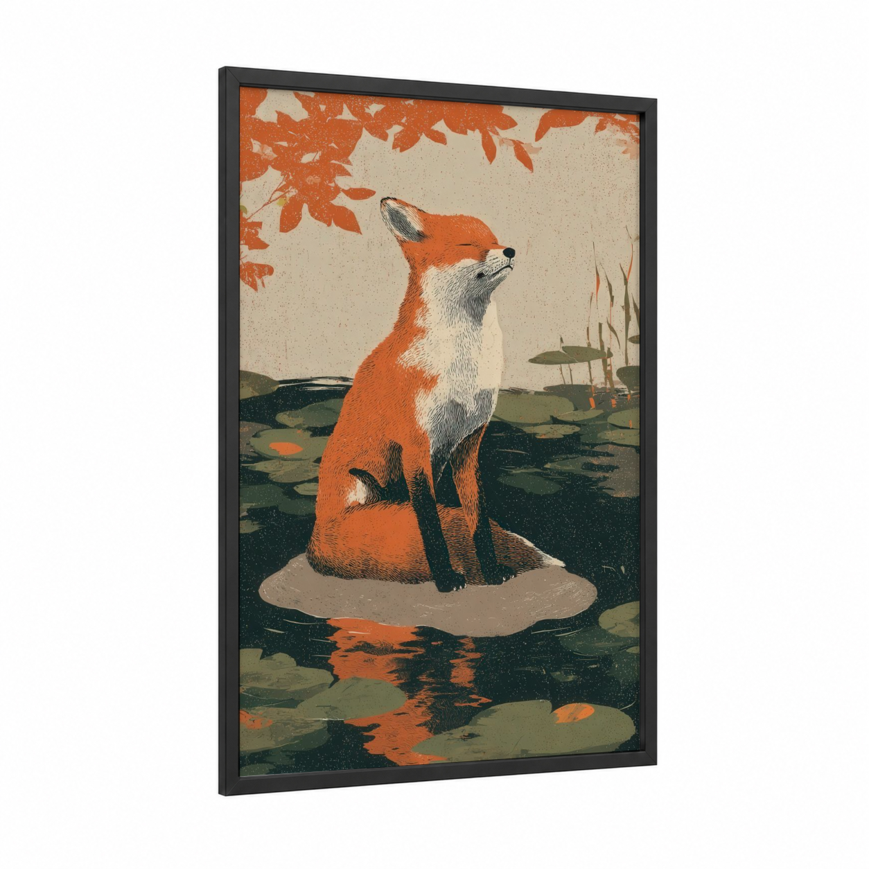 Autumn Fox framed art print — black wood frame — orange and cream palette