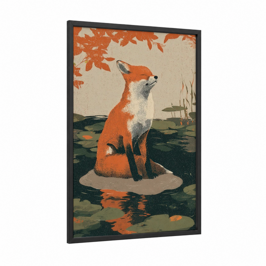 Autumn Fox framed art print — black wood frame — orange and cream palette