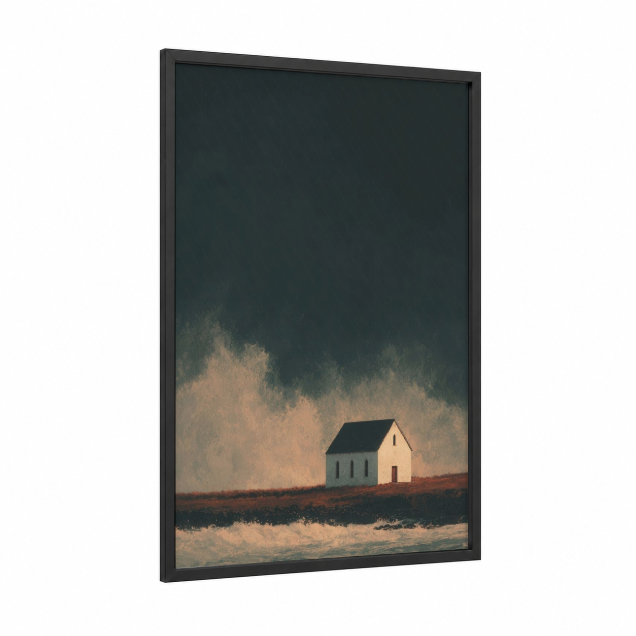 Solitary Chapel framed churches and chapels print — black wood frame — dove gray and peach palette