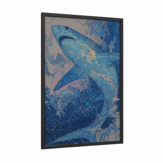 Celestial Basking Shark framed art print — black wood frame — blue and gold palette