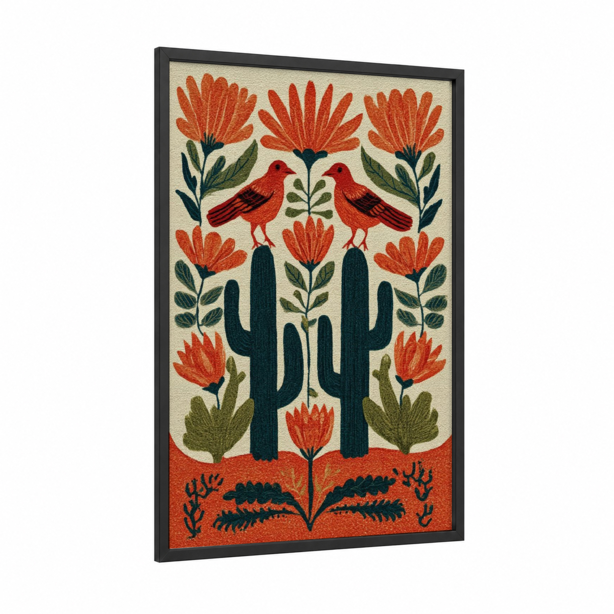 Desert Serenade Cactus framed art print — black wood frame — red and dark green palette