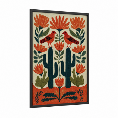 Desert Serenade Cactus framed art print — black wood frame — red and dark green palette