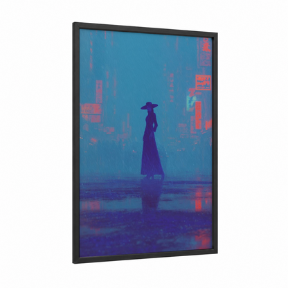 Neon Sorceress framed magic and witchcraft print — black wood frame — blue and magenta palette