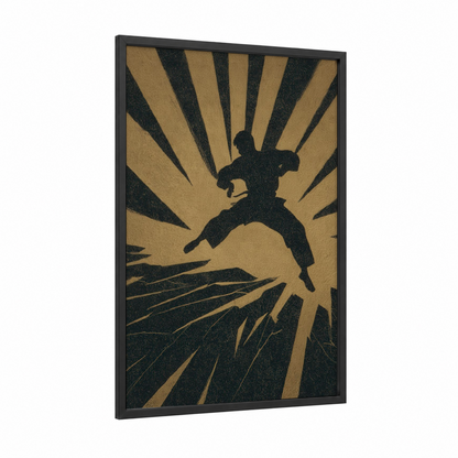Dynamic Kung Fu framed art print — black wood frame — beige and black palette