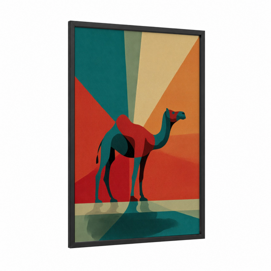 Desert Camel framed art print — black wood frame — orange and teal palette