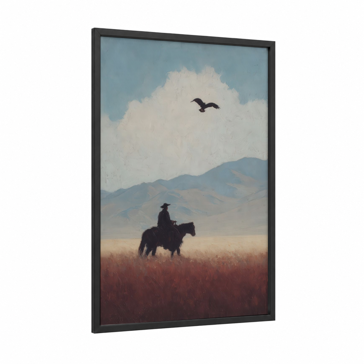 Solitary Hunter framed hunting print — black wood frame — blue and russet palette