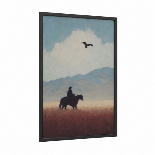 Solitary Hunter framed hunting print — black wood frame — blue and russet palette