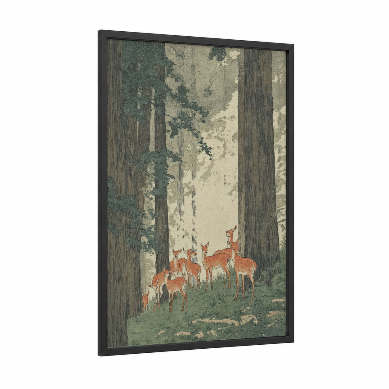 Redwood Forest Deer framed redwood tree print — black wood frame — sage green and cream palette