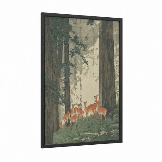 Redwood Forest Deer framed redwood tree print — black wood frame — sage green and cream palette
