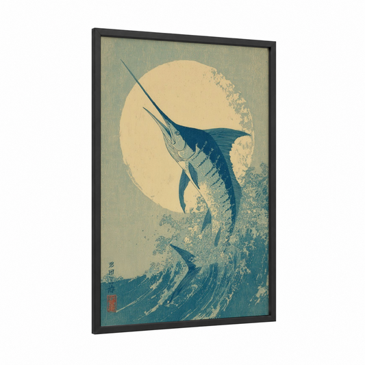 Wave Marlin framed art print — black wood frame — teal and cream palette