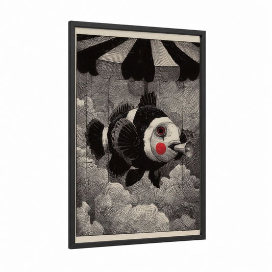 Circus Clown Fish framed art print — black wood frame — black and white and red palette