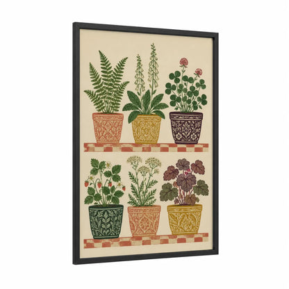 Botanical Potted Herbs Wall Art framed plant print — black wood frame — beige and true green palette