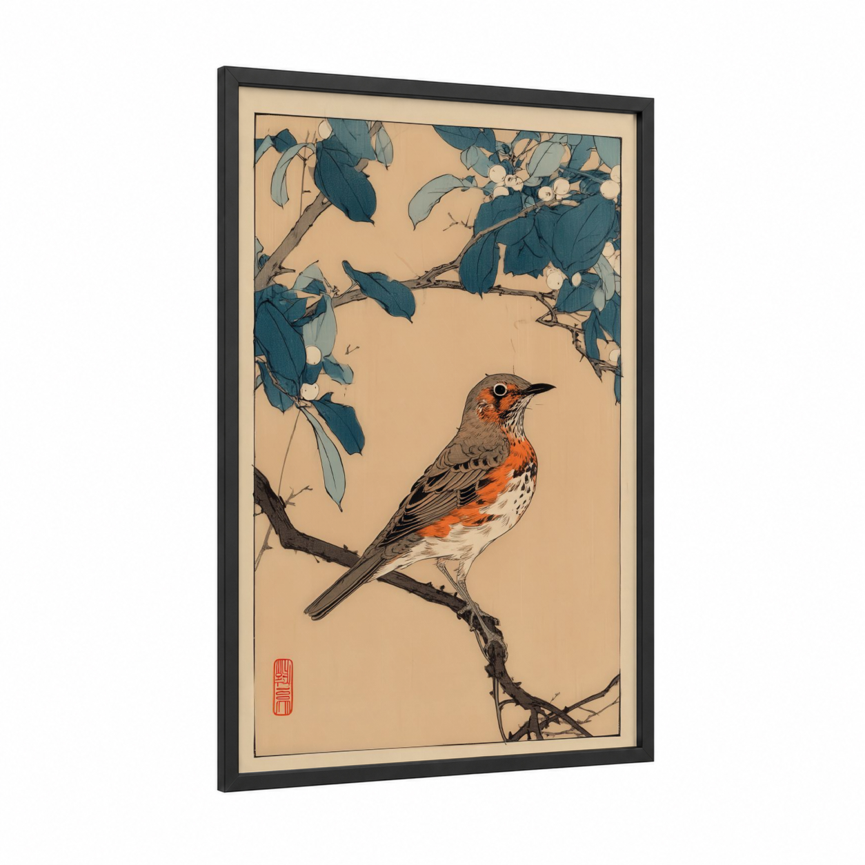 Orange Thrush Branch framed art print — black wood frame — orange and teal palette