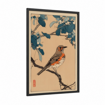Orange Thrush Branch framed art print — black wood frame — orange and teal palette