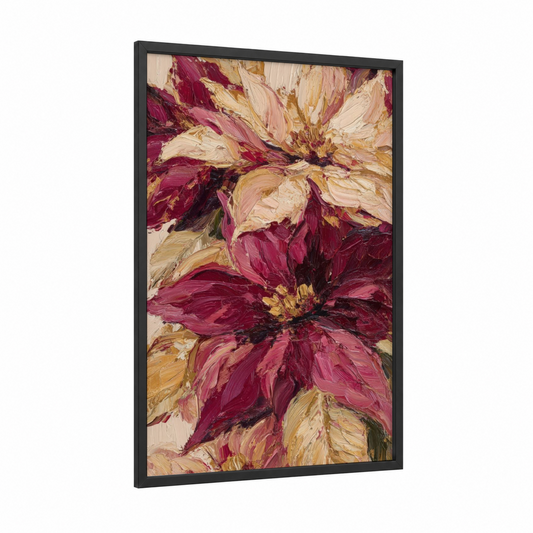 Crimson Poinsettia Blooms framed poinsettias print — black wood frame — maroon and cream palette