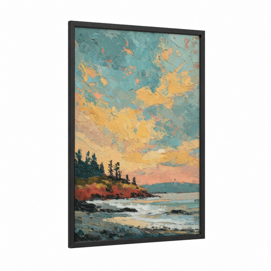 Coastal Morning framed morning sky print — black wood frame — gold and teal palette