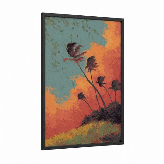 Tempest Sky framed storm print — black wood frame — orange and teal palette