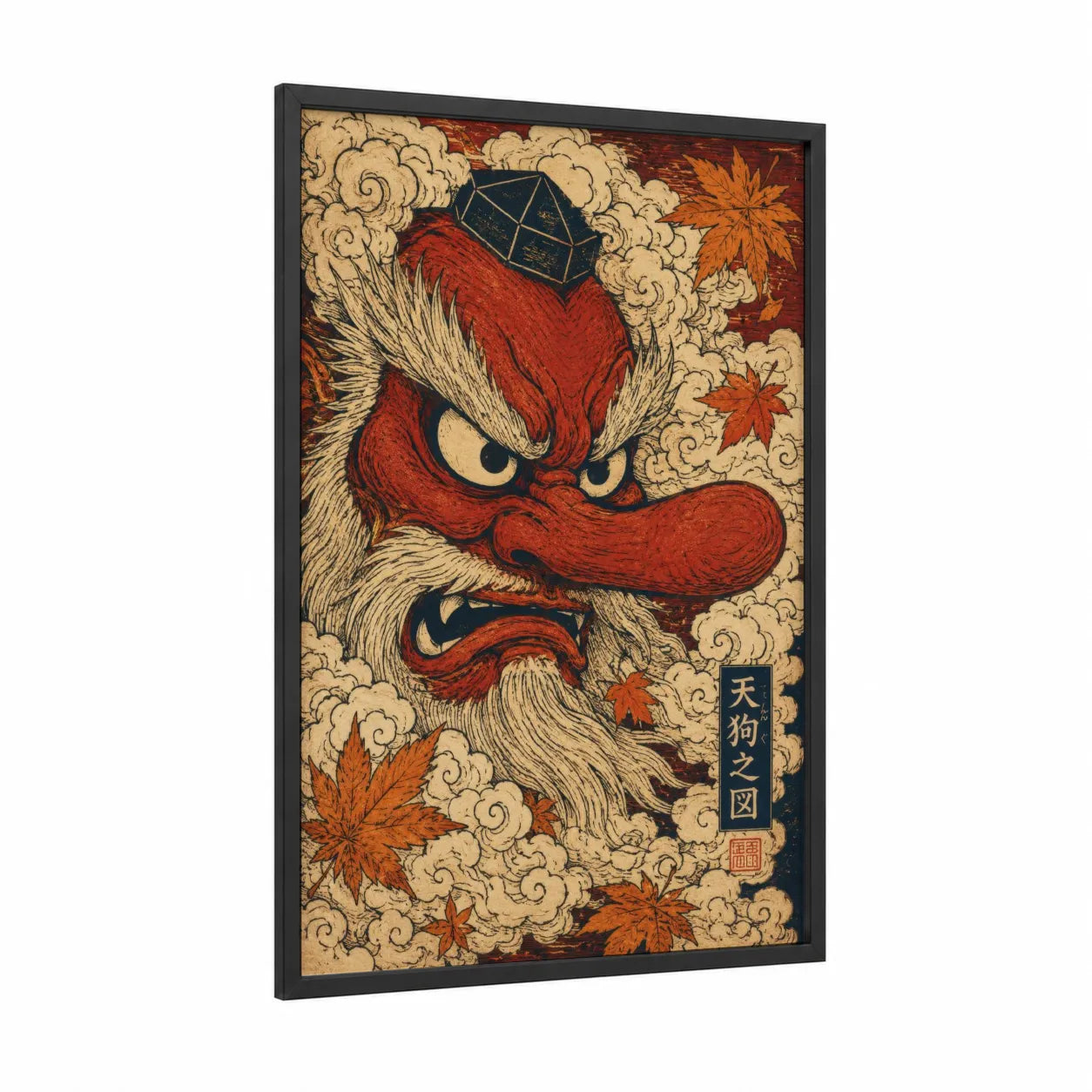 Japanese Tengu Demon Mask Wall Art framed legendary animals print — black wood frame — red and cream palette