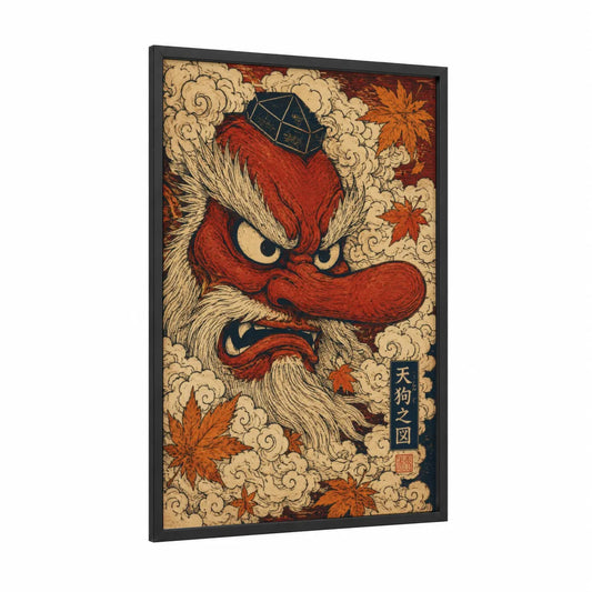 Japanese Tengu Demon Mask Wall Art framed legendary animals print — black wood frame — red and cream palette