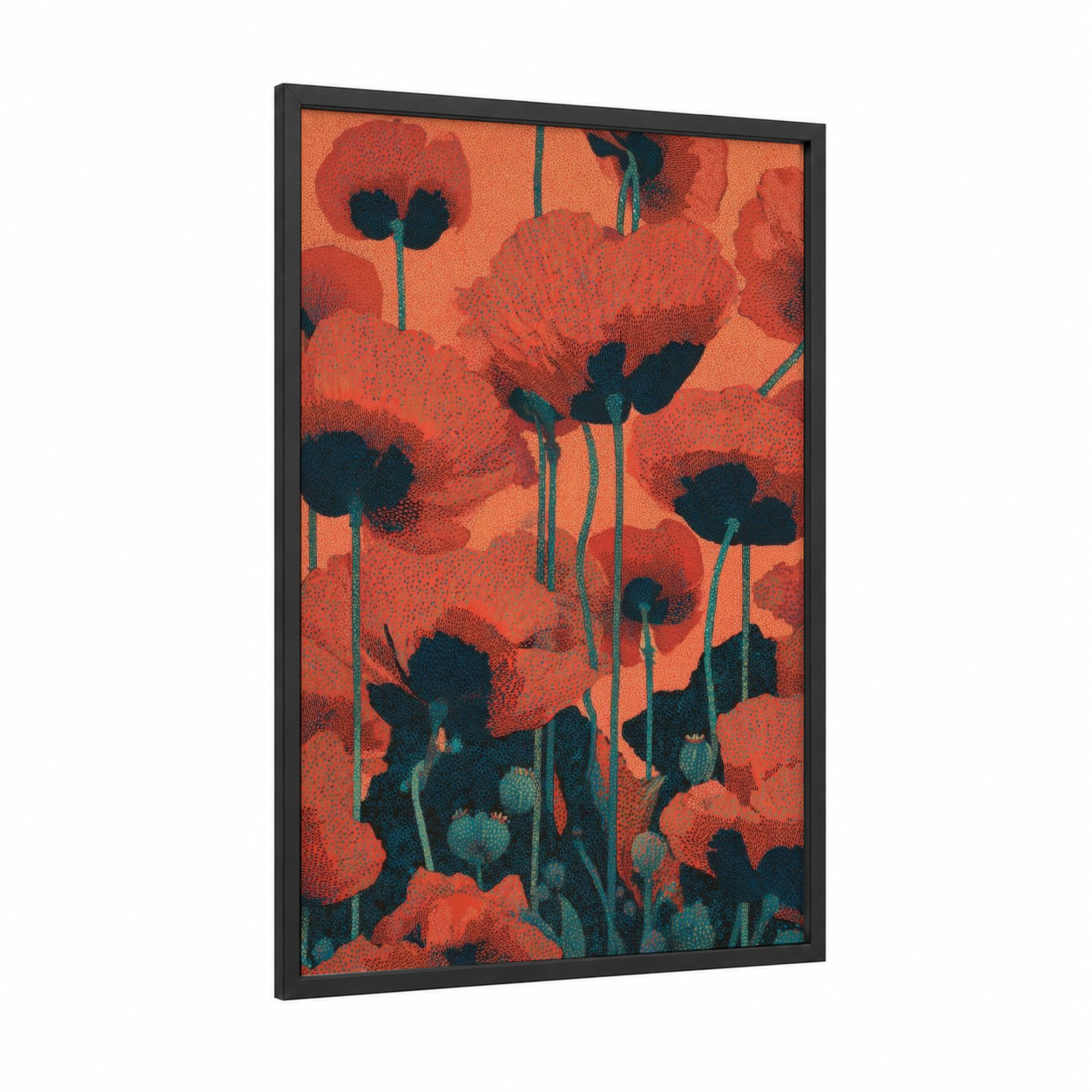 Crimson Poppy Field framed poppies print — black wood frame — red and teal palette