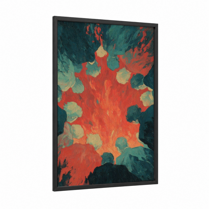 Pentecost Fire framed art print — black wood frame — red and teal palette