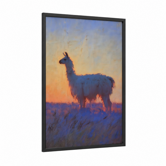Golden Hour Llama framed art print — black wood frame — gold and blue palette