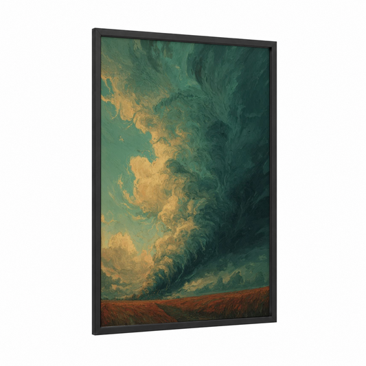 Golden Tornado framed art print — black wood frame — gold and dark green palette
