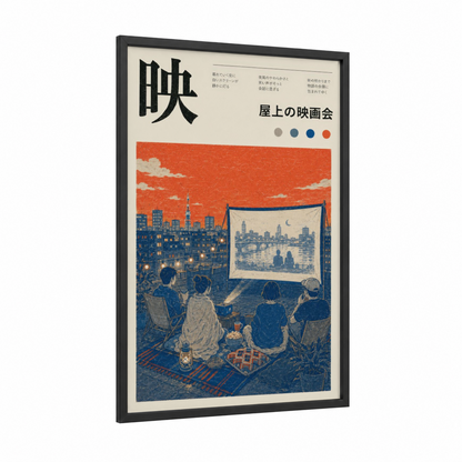 Rooftop Cinema Tokyo Skyline Wall Art framed couple print — black wood frame — orange and blue palette
