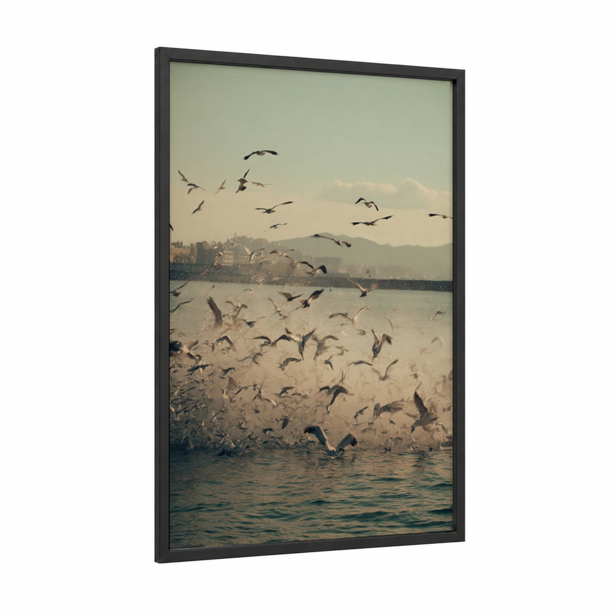Coastal Pelican Flock framed art print — black wood frame — gold and gray palette