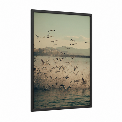Coastal Pelican Flock framed art print — black wood frame — gold and gray palette