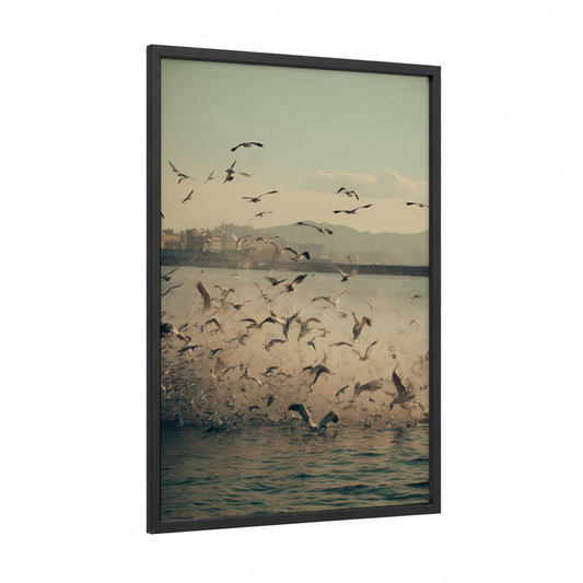 Coastal Pelican Flock framed art print — black wood frame — gold and gray palette