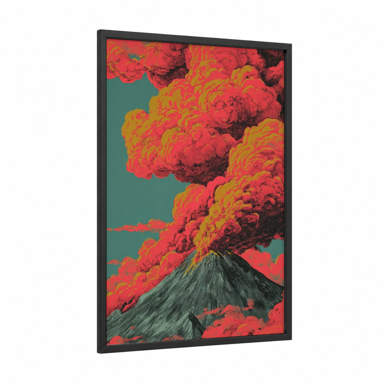 Crimson Volcano Eruption framed art print — black wood frame — red and teal palette