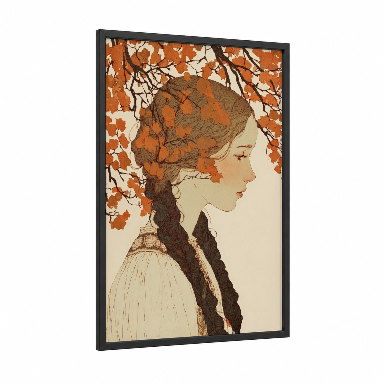 Autumn Hair Profile framed art print — black wood frame — gold and brown palette