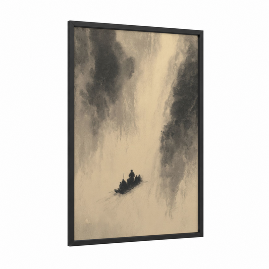 Misty Rafting Adventure framed art print — black wood frame — gray and cream palette