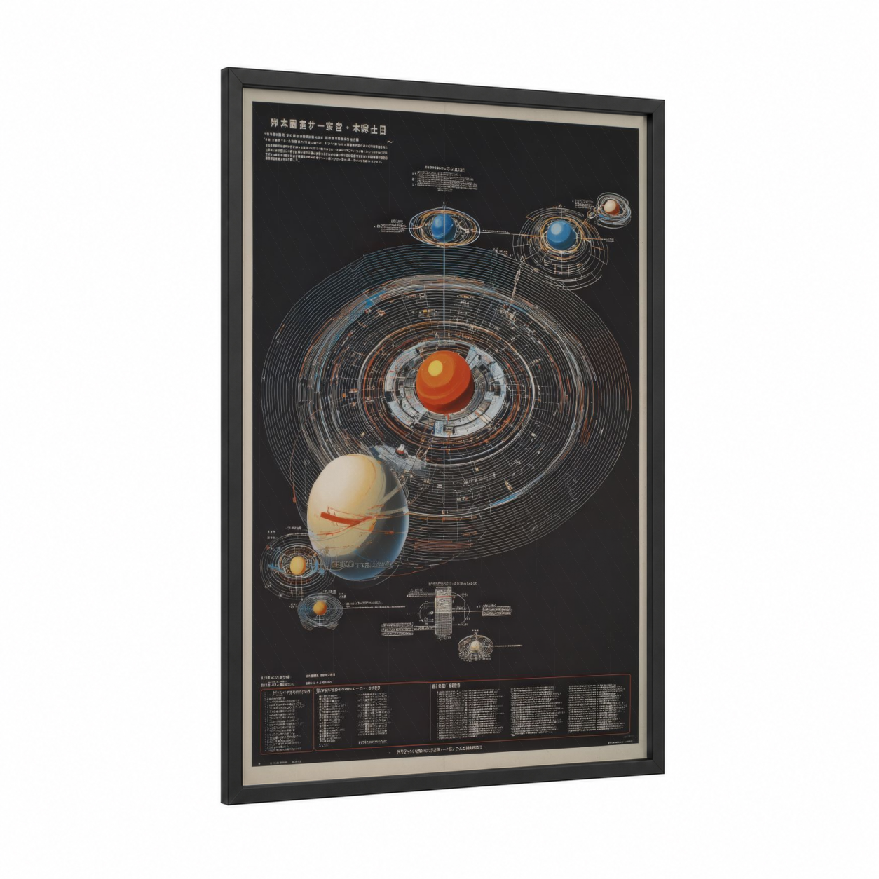 Solar System Diagram framed art print — black wood frame — orange and blue palette
