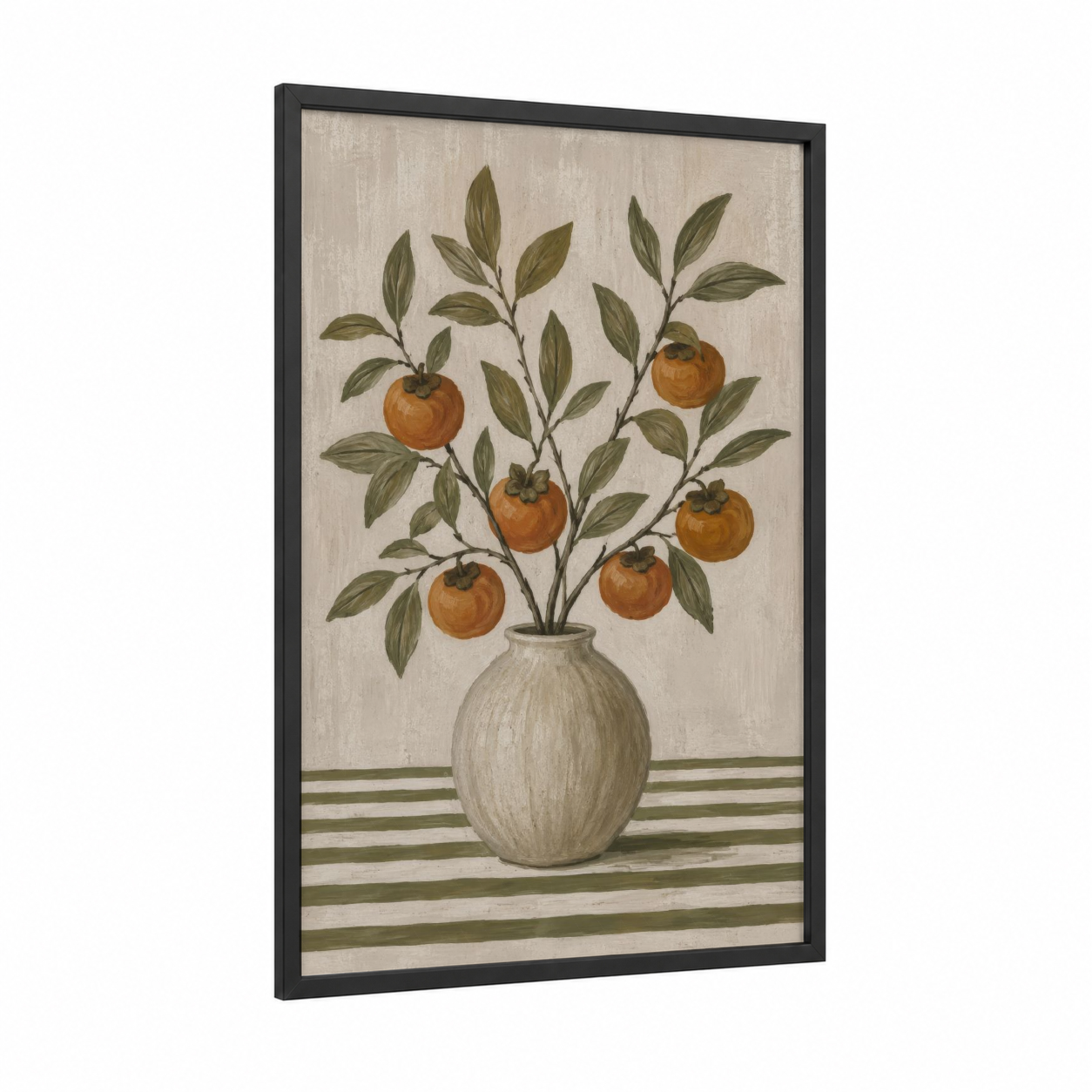 Persimmon Branch in Vase Wall Art framed fruit trees print — black wood frame — olive and beige palette