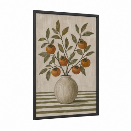 Persimmon Branch in Vase Wall Art framed fruit trees print — black wood frame — olive and beige palette