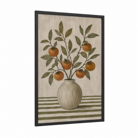 Persimmon Branch in Vase Wall Art framed fruit trees print — black wood frame — olive and beige palette