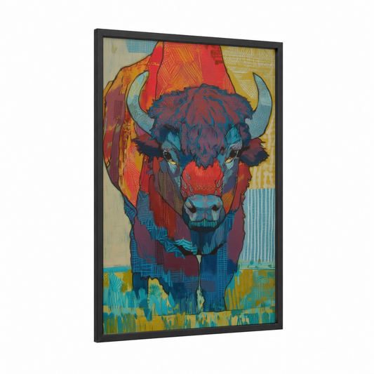 Colorful Bison Portrait framed art print — black wood frame — red and blue palette