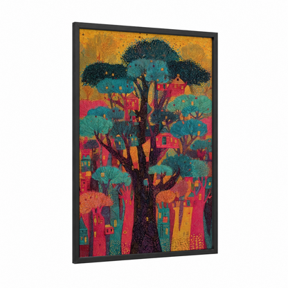 Whimsical Banyan Tree framed art print — black wood frame — gold and teal palette